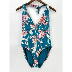 La Blanca Swimsuit Womens One Piece Halter Tie Neck Floral Teal Pink Size 14